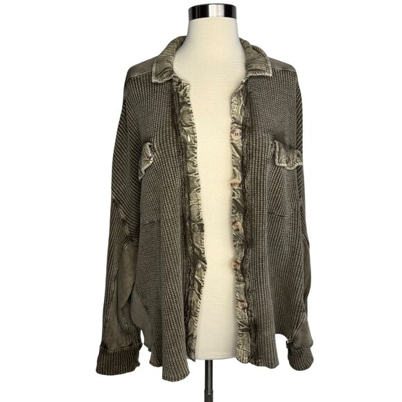 Free People FP One Scout Dip Dye Jacket Button-Front Olive Green 100% Cotton SzS - Picture 3 of 13